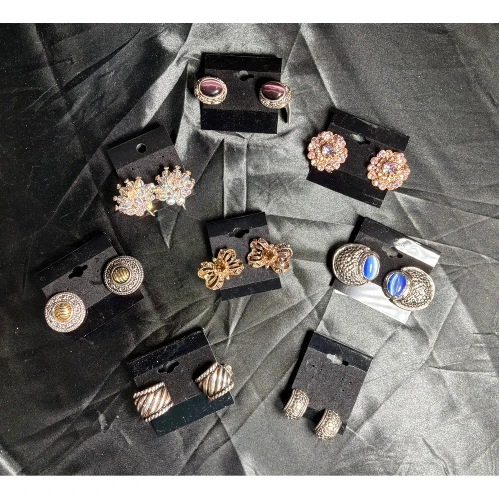 Lot of 8 Vintage Estate Lot Clip-On Earrings Rhinestone Statement Jewelry